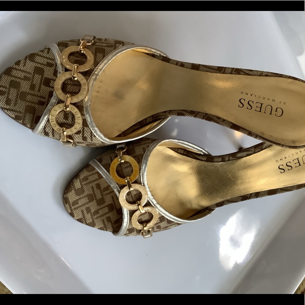 GUESS Gold Chain-Accent Slide Sandals - Gold/Tan